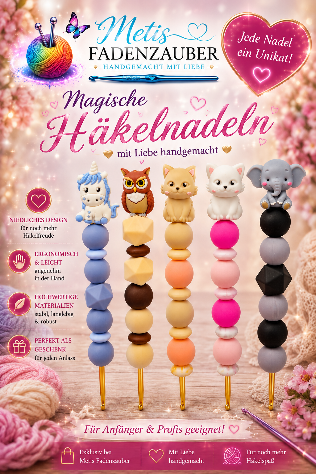 Ergonomische Häkelnadel aus Silikonperlen 3,5 mm Eule