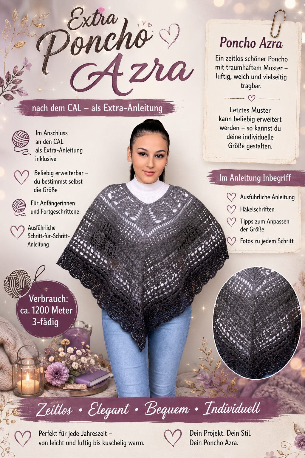 Häkelanleitung Cal 2 in 1 „Azra“ – elegantes Dreieckstuch & Poncho als PDF
